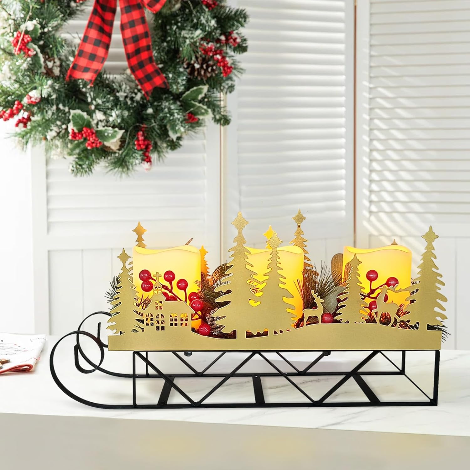 Skiennix Christmas Sleigh Table Centerpiece - Gold Cut-Out Tree LED Candle Holder with Timer | Holiday Decor