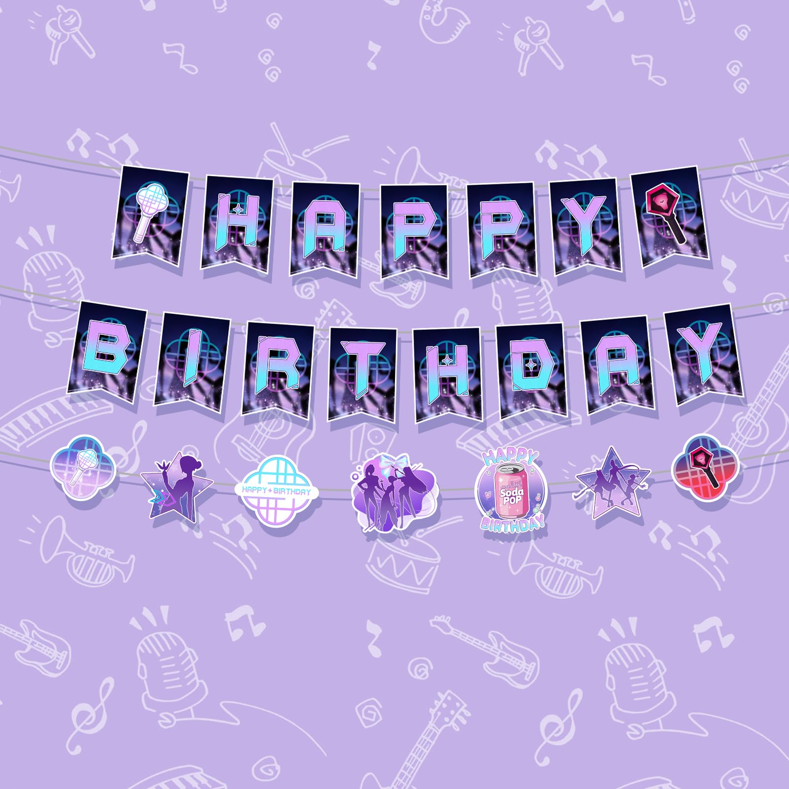 Music Hunter Birthday Banner Set - Includes 2 Happy Birthday Banners & 1 Prop Garland for Magical Music Themed Party Decorations, Easy to Hang Singer Theme Party Supplies