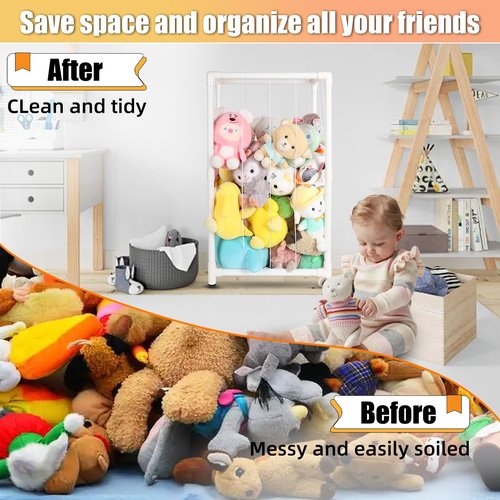 XMBecc Stuffed Animal Storage Zoo Stuffed Animal Holder,Off-Ground and Space Save Vertical Stuffed Animals Organizer PVC with Elastic for Bedroom Playroom Nursery (White, small)