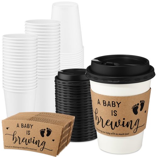 Jingmore 50 Sets Baby Shower Coffee Party Favors for Guests A Babys is Brewing Coffee Cup with Lids Sleeves Disposable Paper Cup Tea Party Supplies for Hot Iced Juice or Tea (12 oz)