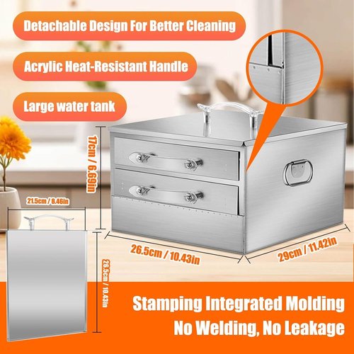 2-Layer Rice Roll Steamer, Stainless Steel Rice Noodle Roll Steamer with Acrylic Handle Steam Tray, Top Open Rice Noodle Roll Machine, for Chinese Cheung Fun Changfen Cuisine Recipes Cookware