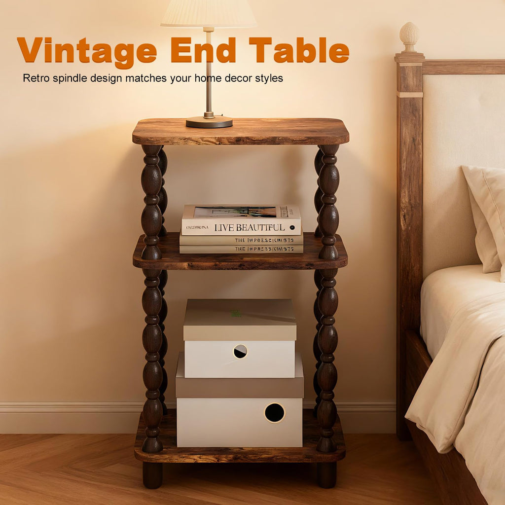 Retro End Table, 3-Tier Small Side Table, Narrow Couch Side Table for Small Spaces, Farmhouse End Table, Modern Accent Table, Skinny Bedside Table Nightstand for Bedroom, Living Room (Rustic Brown)