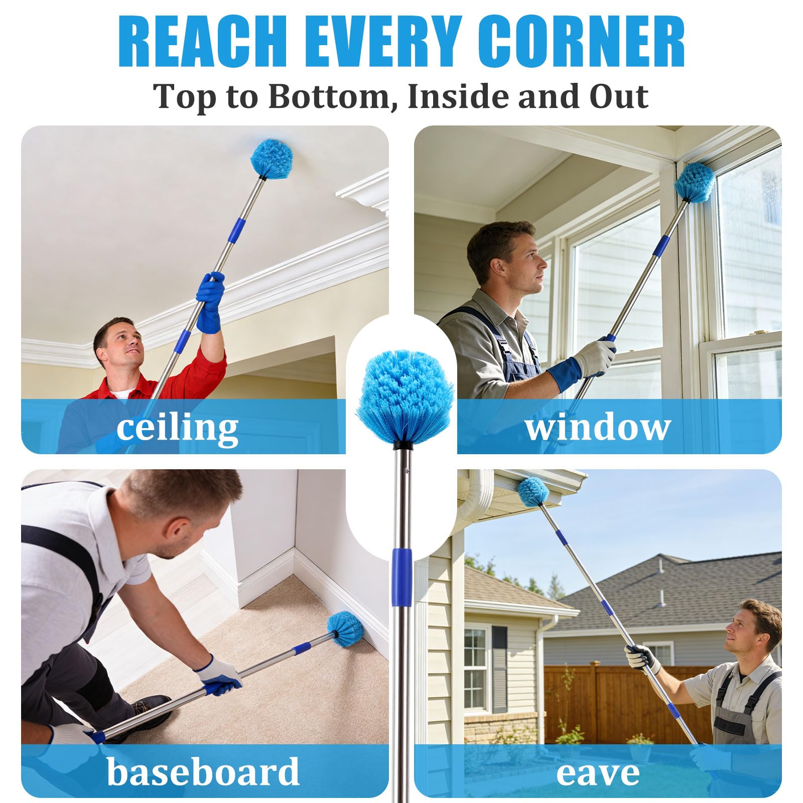 Cobweb Duster with Extension Pole - 6 FT Lightweight Stainless Steel Extendable Duster Ceiling Fan Duster for High Ceilings, Medium Stiff PET Bristle Spider Web Brush for Indoor/Outdoor Cleaning