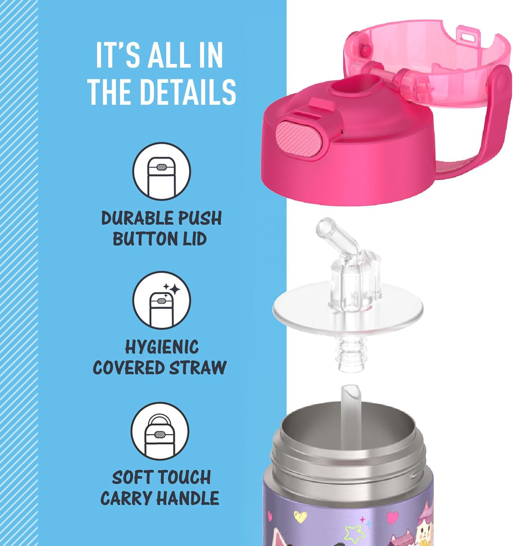 THERMOS FUNTAINER Water Bottle - 12 Ounce Kids Stainless Steel Vacuum Insulated with Straw | Gabby’s Dollhouse