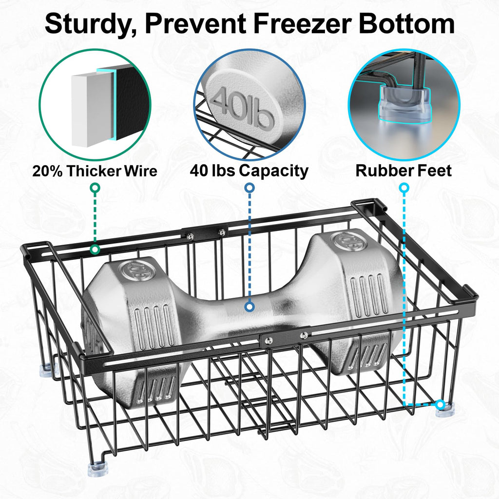 iSPECLE 4 Pack Freezer Organizer Bins - Fit 10 to 20 Cu.Ft Deep Freezer, Expandable Wire Storage Chest Freezer Baskets for Frozen Food, Stackable with Handles, Black