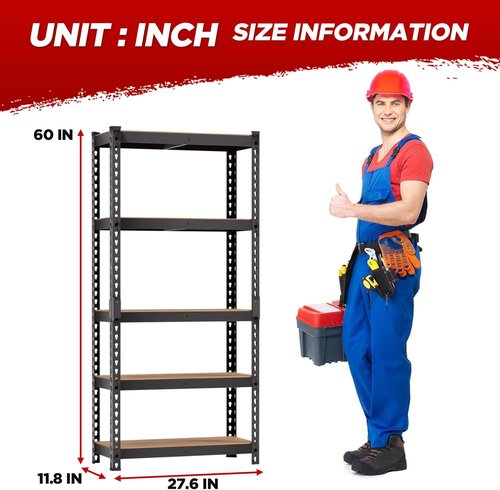 BestOffice Heavy-Duty 5-Tier Storage Shelves - Adjustable MDF Garage Shelving 11.8" D x 27.6" W x 60" H
