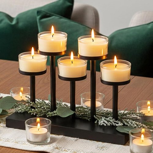 Black Metal Candlestick Holders by [Brand Name] - Modern 5 Arm Design for Weddings & Home Decor