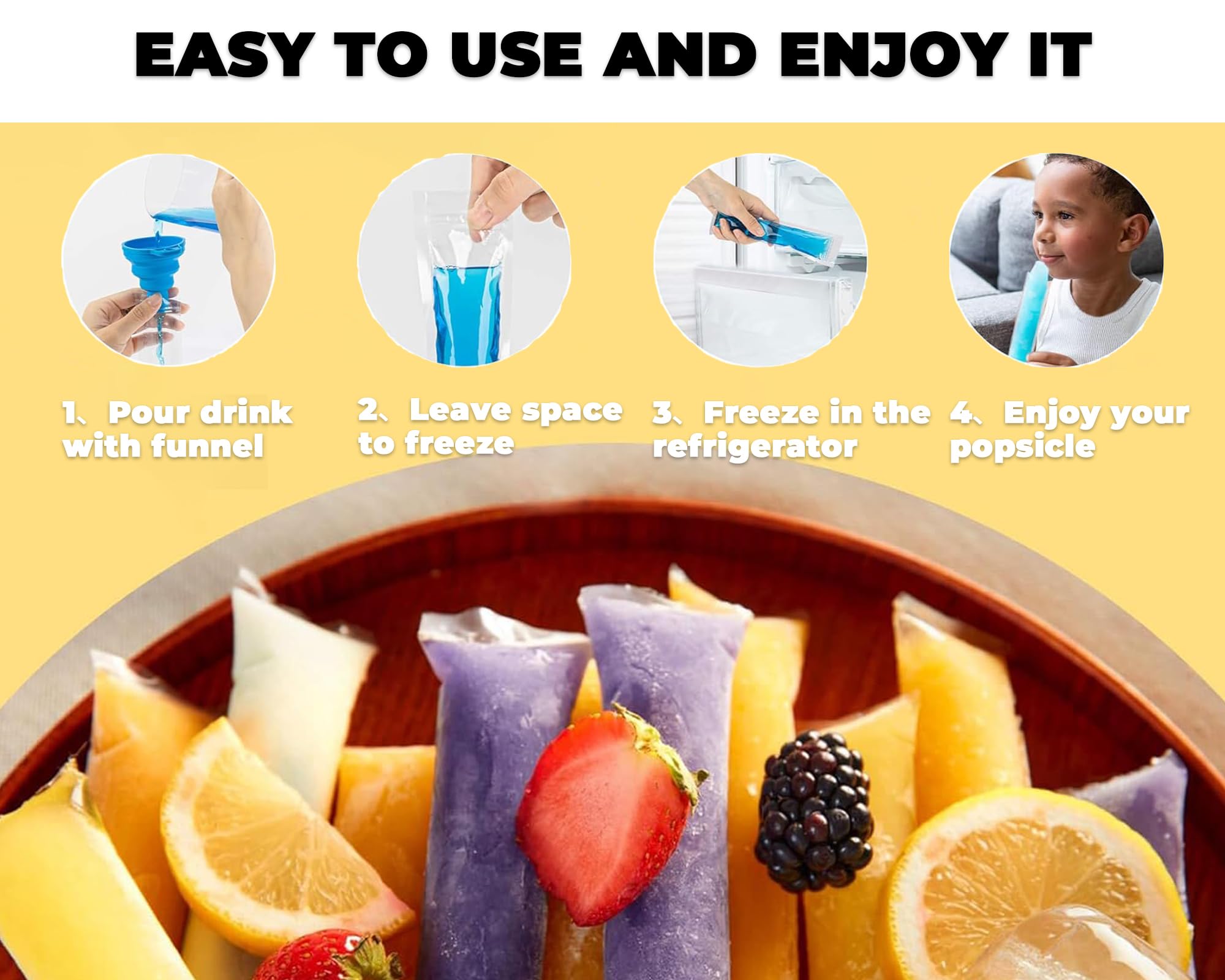 Nature Pulito Disposable Ice Popsicle Mold Bags, 100 Pack 11.0"W x 2.2"H BPA-Free Freezer Pop Bags with Zip Seals & Funnel for Healthy Snacks Yogurt Sticks Juice & Fruit Smoothies