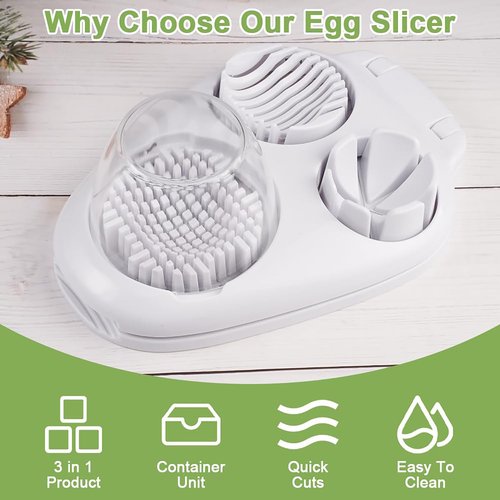 3 in 1 Egg Slicer for Hard Boiled Eggs with Cleaning Brush, Multipurpose 3-Way Cutter with 3 Slice Modes, Heavy Duty, Hard Boiled Egg Cutter & Fruit Slicer, Dishwasher Safe (White)