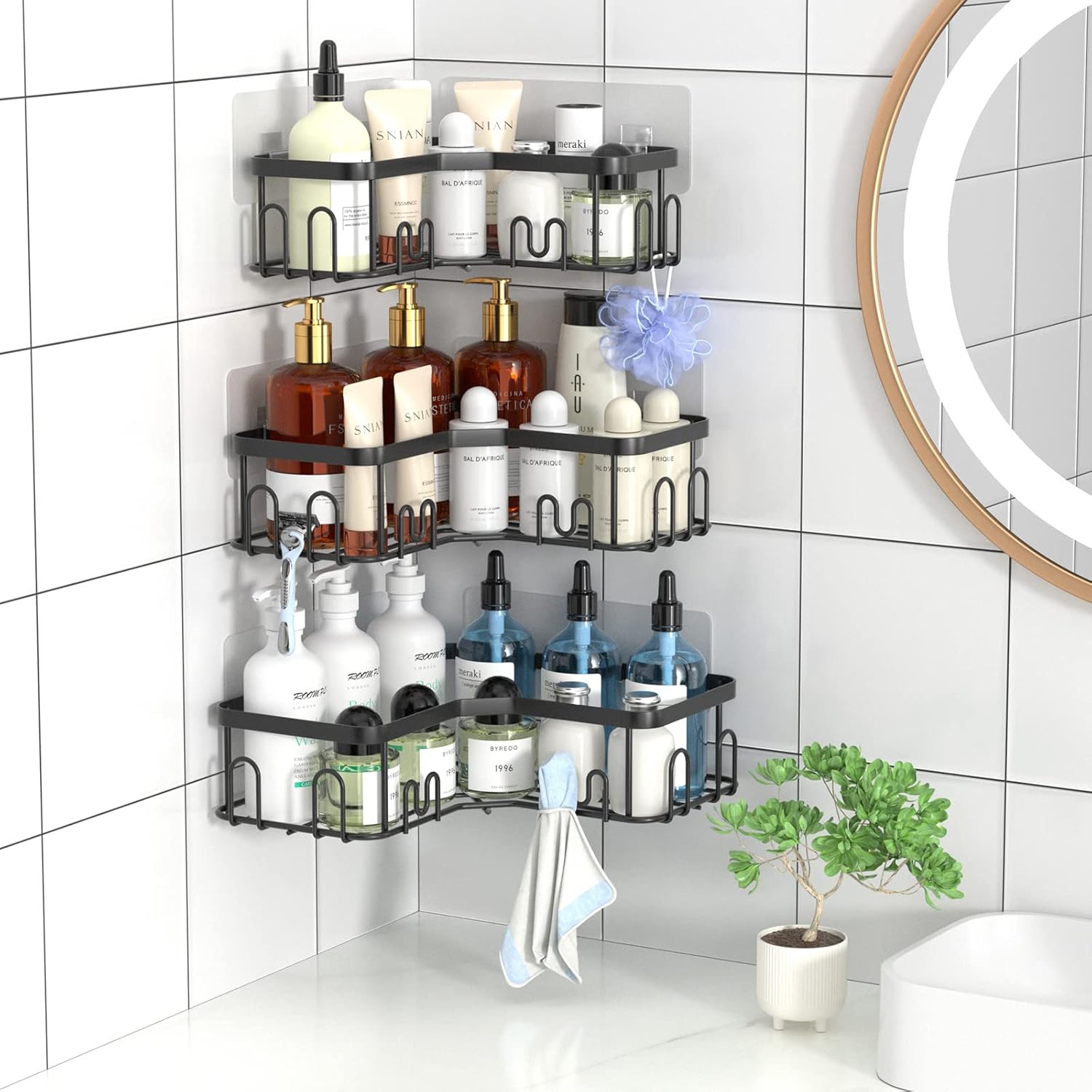 Menbyci Corner Shower Caddy - 3 Pack Adhesive Bathroom Shelves with 18 Hooks | Rustproof Stainless Steel, Black