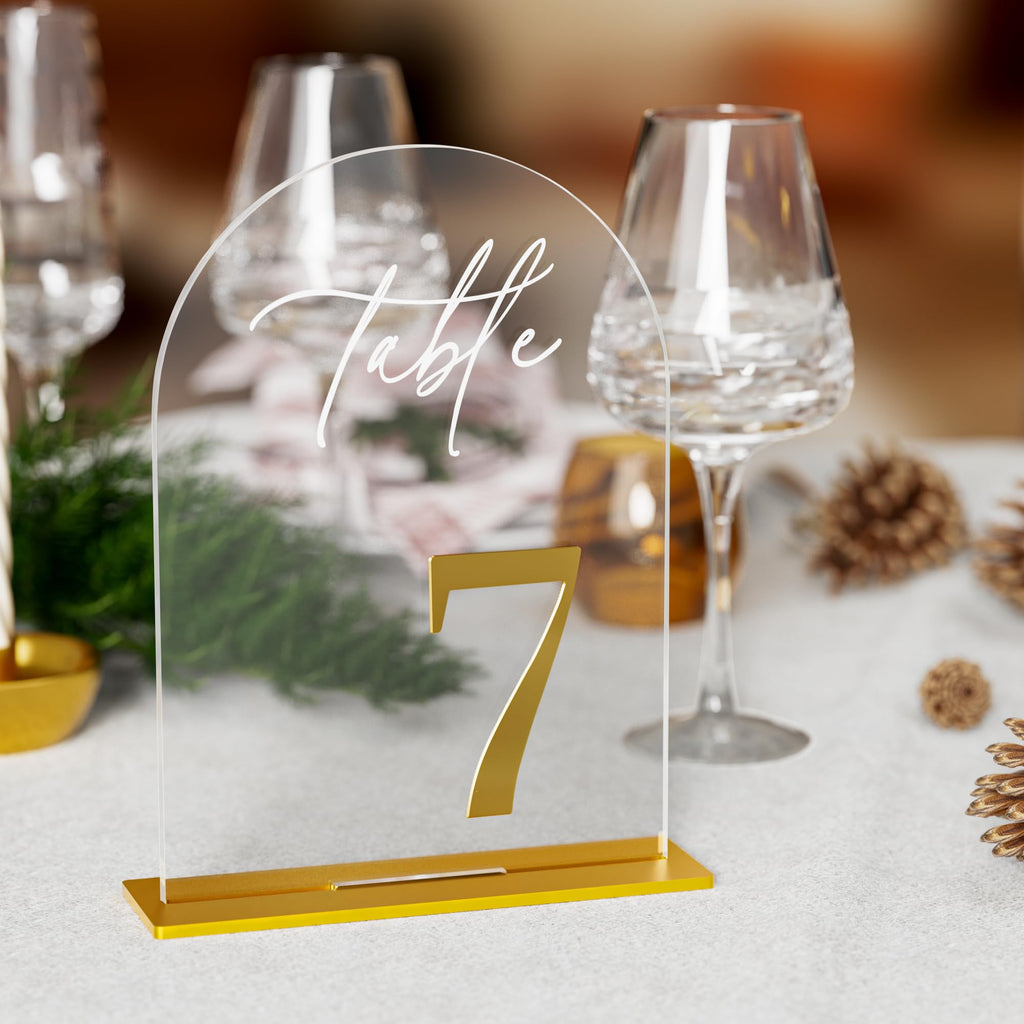 iFaveorr Arch Wedding Table Numbers 1-10 with Stands, Elegant Gold Number 5.5 x 7” Arch Acrylic Signs with Holders, Clear Acrylic Table Numbers for Wedding Reception, Anniversary, Party, Events