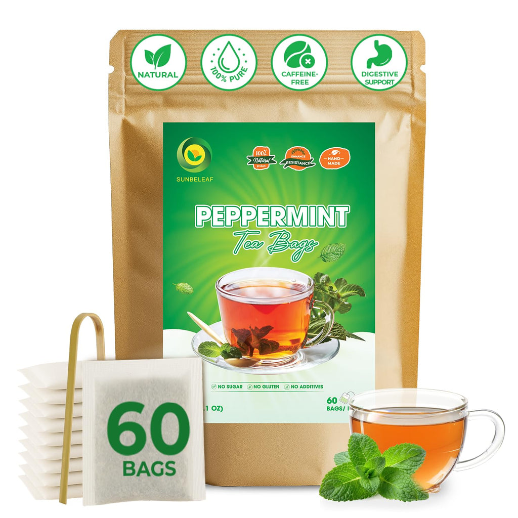 SUNBELEAF Peppermint Tea – 60 Tea Bags, Pure Mint Leaves from Vietnam, Caffeine-Free Herbal Infusion, Resealable Zip Pouch, Refreshing Gentle Flavor, Ideal for Daily Enjoyment