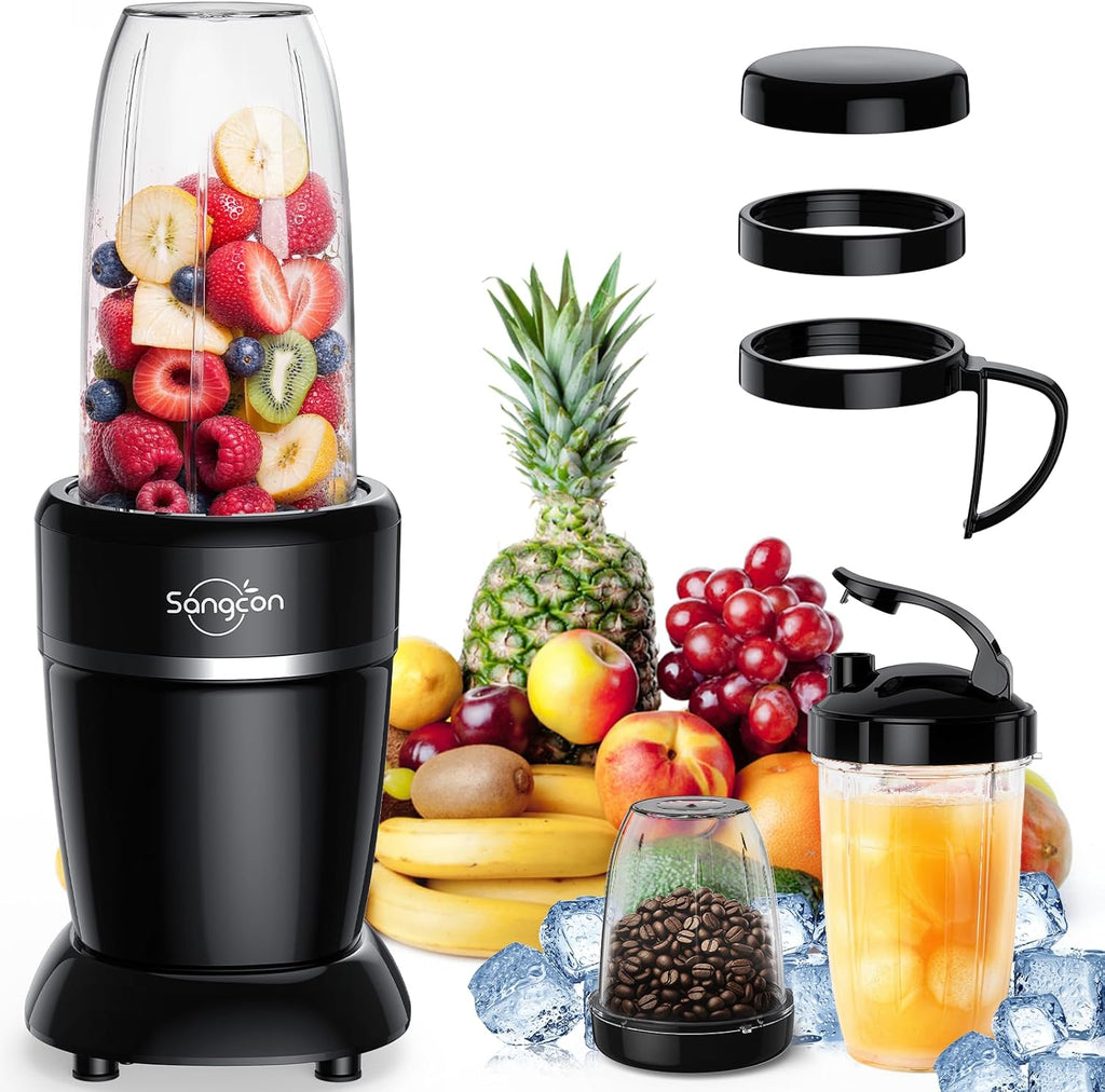 Sangcon 1000W Smoothie Blender - Portable Kitchen Blender with 3 Cups & Multiple Caps for Shakes & Ice Crushing