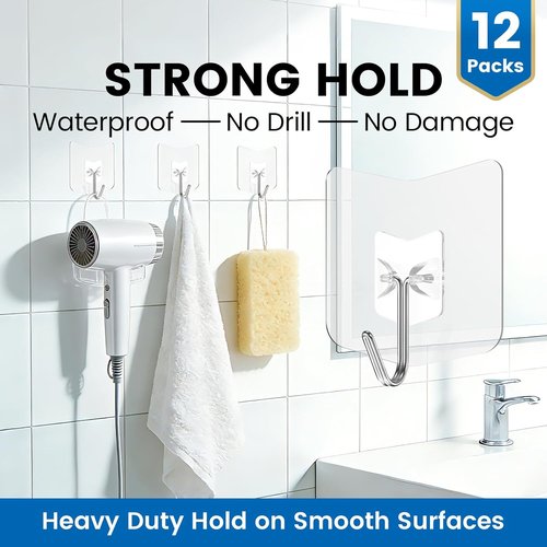 Heavy Duty Shower Hooks by [Brand Name] - 12 Pack, No Drill Adhesive Hooks for Towel & Bathroom Use