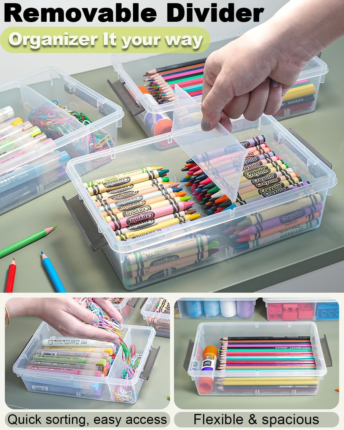 Skiennix Extra Large Pencil Box - Removable Divider & Stackable Design | 6 Pack Grey Organizer