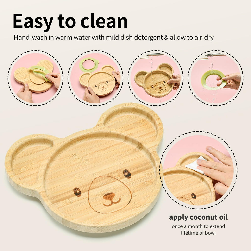 Imagination Junction Bamboo Suction Plates Bowls Setfor Baby Toddler Divided Platter Food bowl with Silicone Fork & Spoon All-Natural Baby Feeding Set, Kids Feeding Essentials