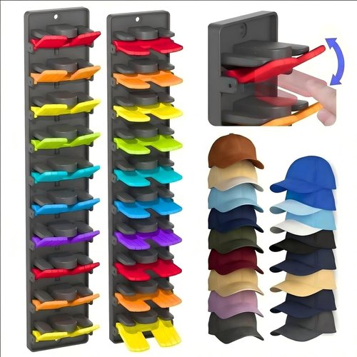 JBD Multicolor Hat Organizer - Wall Mounted Rack Holds 20 Baseball Caps | Innovative Auto-Grip Clips for Damage-Free Storage