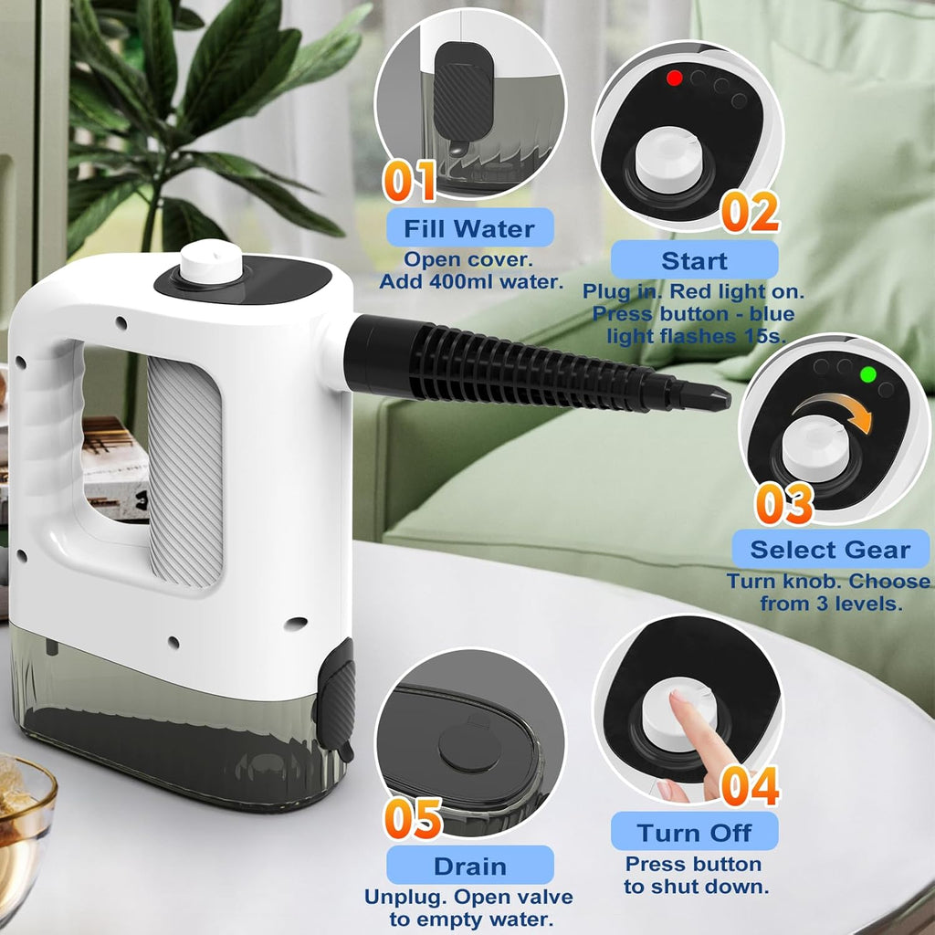 Skiennix Handheld Steam Cleaner - 3-Level Adjustable, 15s Heat-Up, 400ML Capacity, 14 Accessories Included