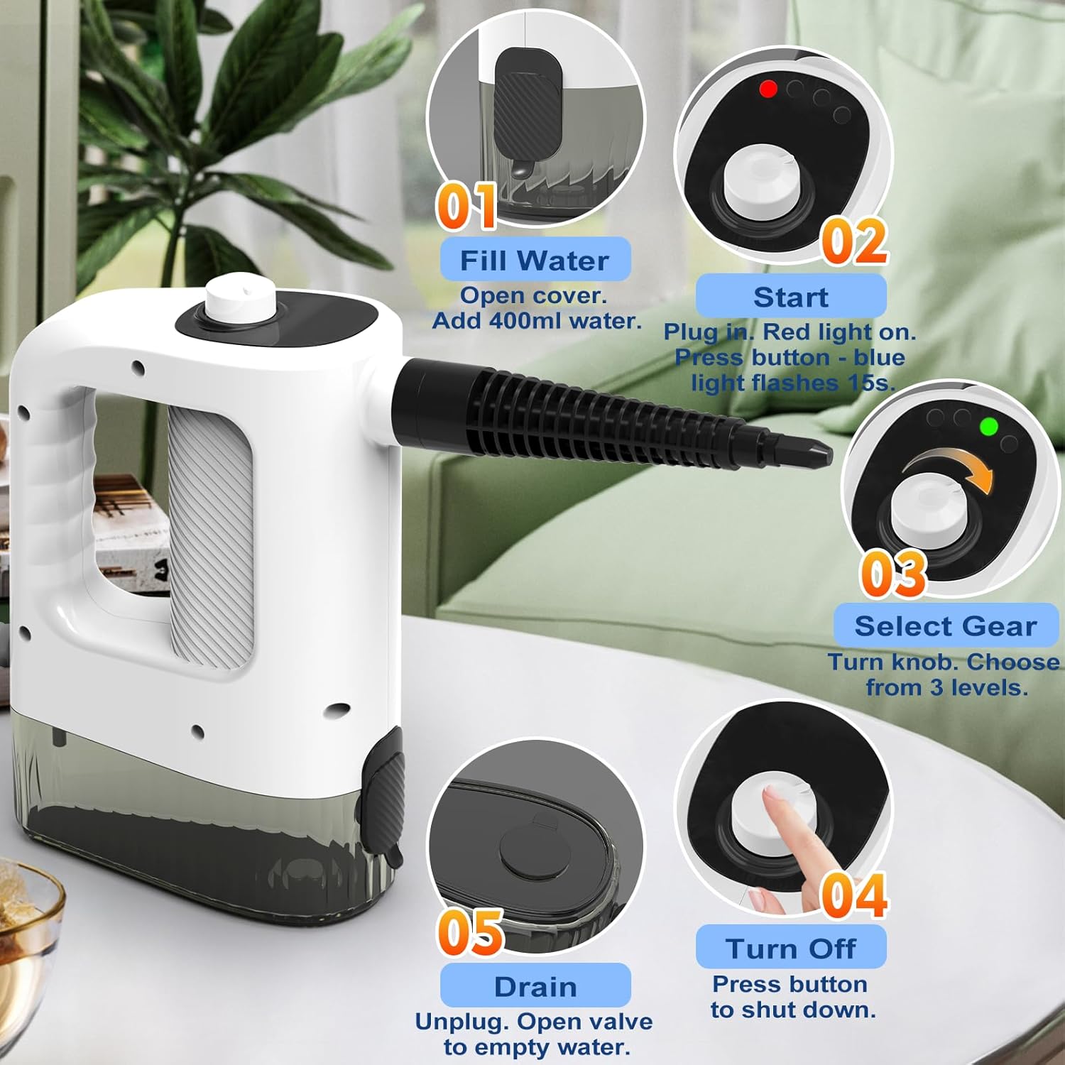 Skiennix Handheld Steam Cleaner - 3-Level Adjustable, 15s Heat-Up, 400ML Capacity, 14 Accessories Included