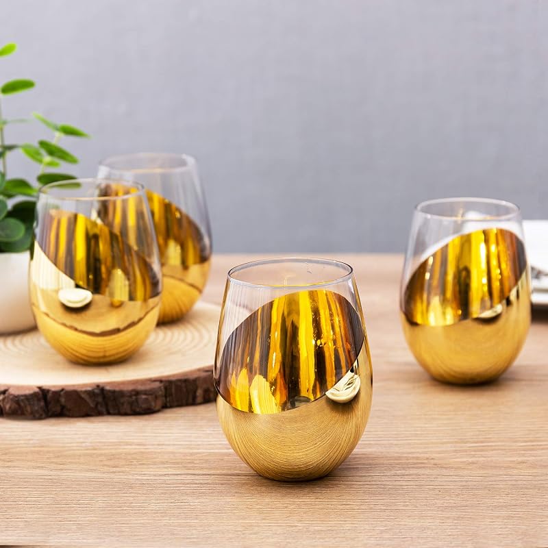 MyGift Brass-Plated Stemless Wine Glass Set of 6 - 18 oz, White or Red, Angled Bottom (Variation: Brass-6)