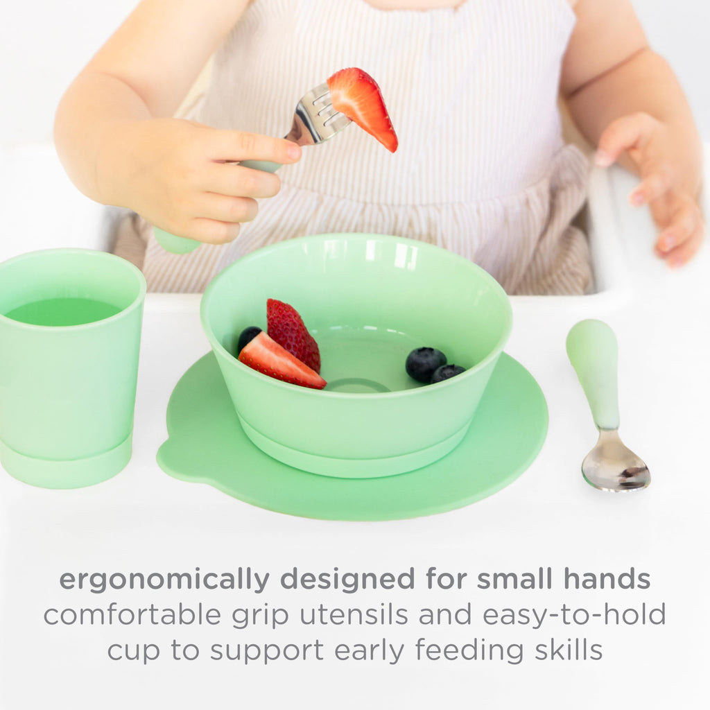 Ubbi Food-Grade Non-Toxic Toddler Feeding Set with Interchangeable Suction Base, Stainless Steel Utensils, BPA-Free, Stackable and Dishwasher-Safe, Self-Feeding for Baby-Led Weaning, Green