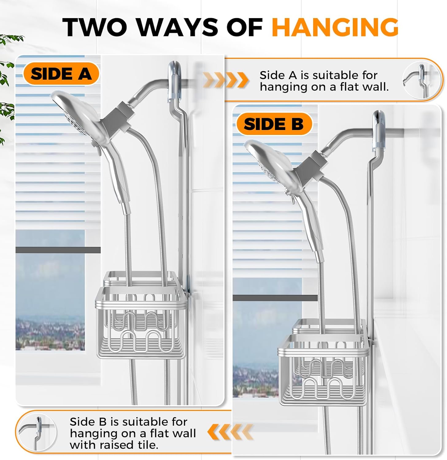 Reinhardt Aluminum Shower Caddy - Rustproof Adjustable Hanging Organizer with Hooks | Silver Finish
