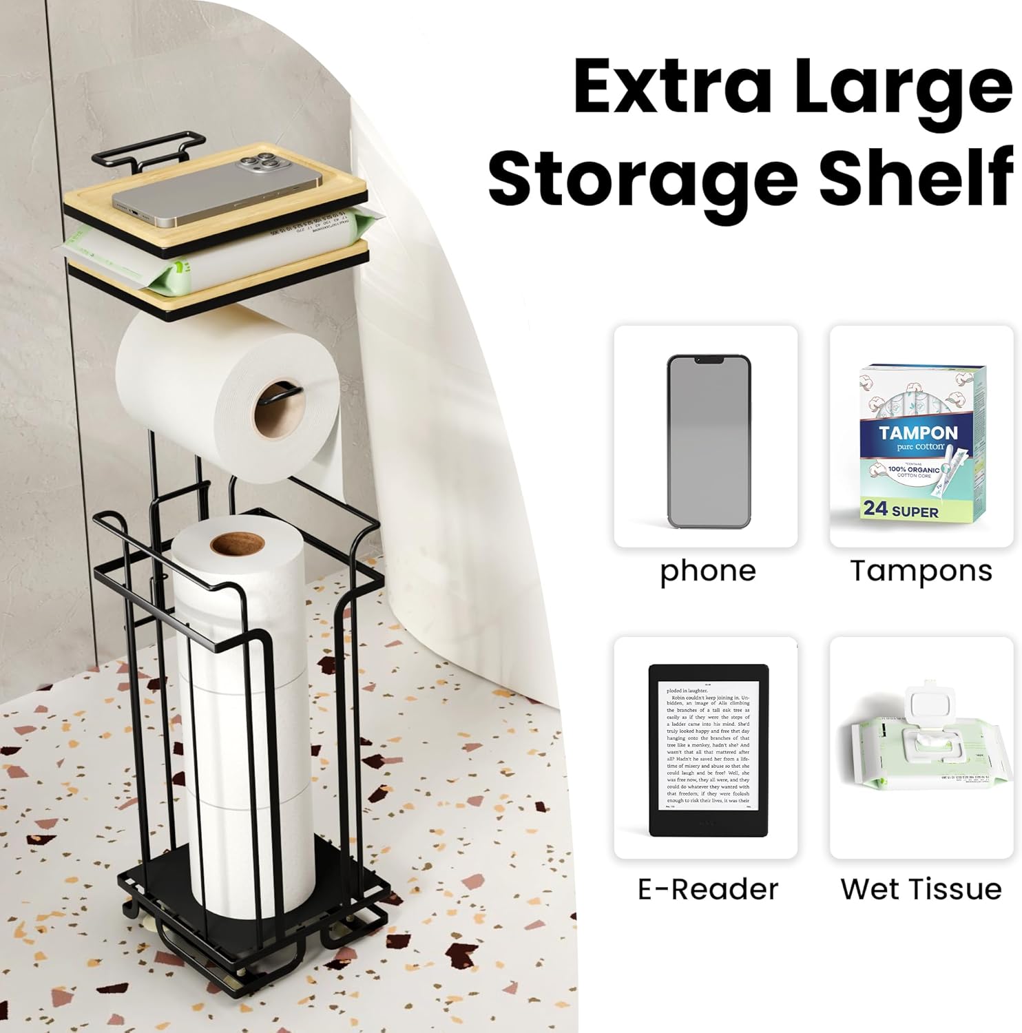Skiennix Free Standing Toilet Paper Holder - Rustproof Metal Stand with Shelf for 4 Rolls | Black