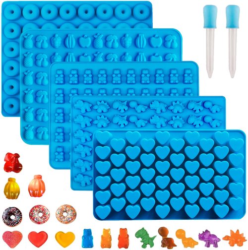 5 PCS Silicone Gummy Molds, Food Grade Non-Stick Candy & Chocolate Mold Fruit Snack Molds BPA-Free with 2 Droppers Including Mini Dinosaur, Bear, Heart, Fruit, and Donut (Blue)