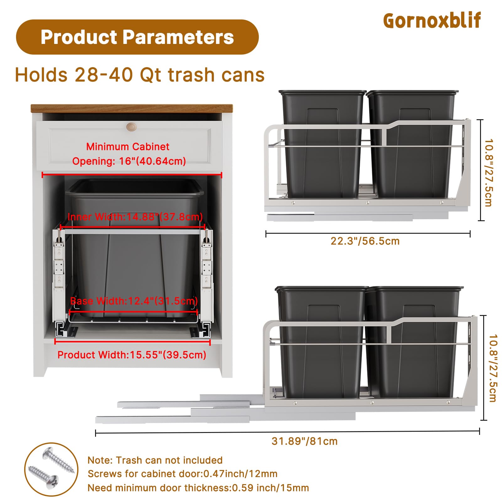 80QT Dual Pull Out Trash Can Under Cabinet with Soft-Close Slides, Heavy Duty Under Sink Trash Can Up to 130 LB for Kitchen, Garbage Can Not Included, Requires Minimum Cabinets Opening 16" W X 23" D