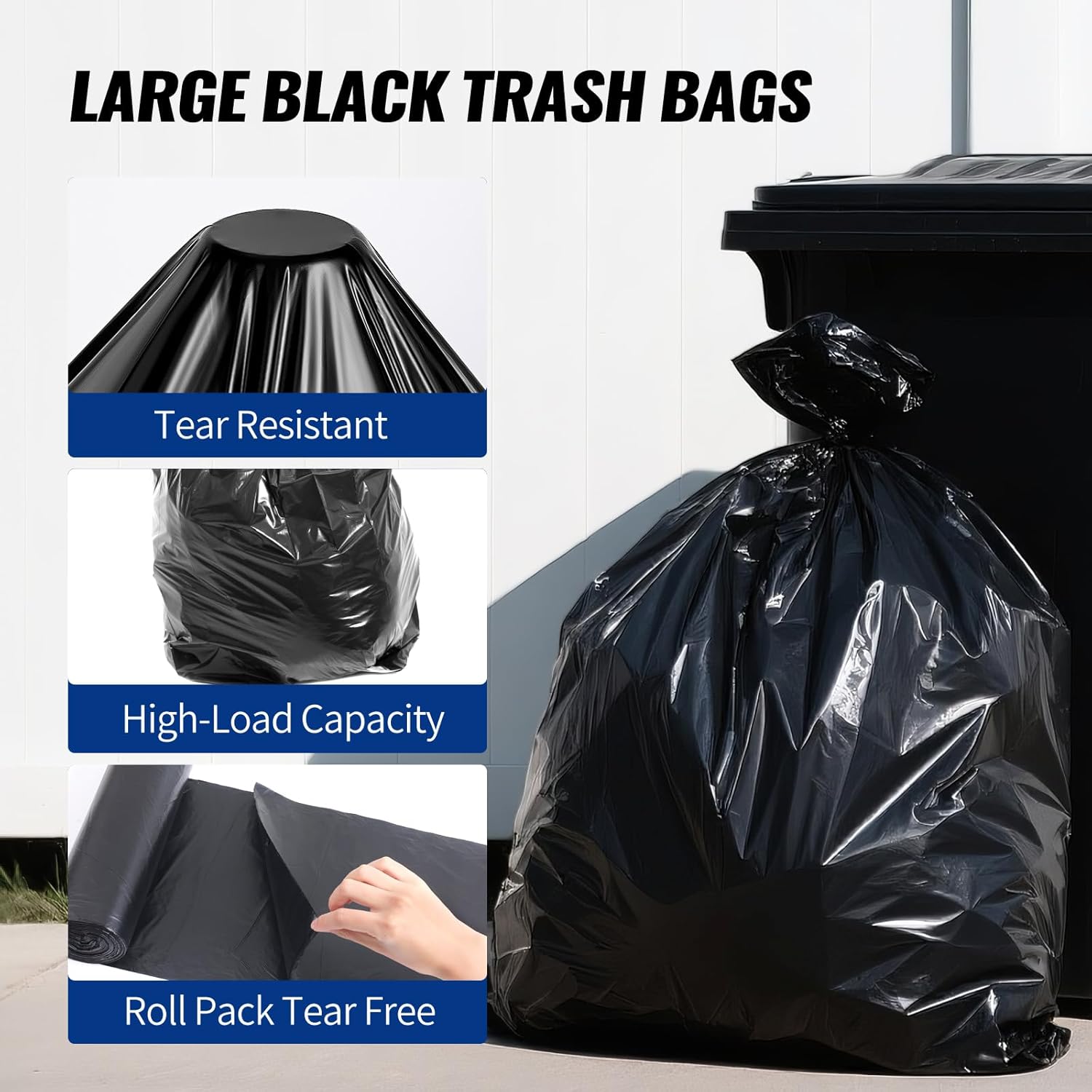 Skiennix 120 Count Trash Bags - Tear-Free 55-60 Gallon Black Garbage Bags for Home & Outdoor Use
