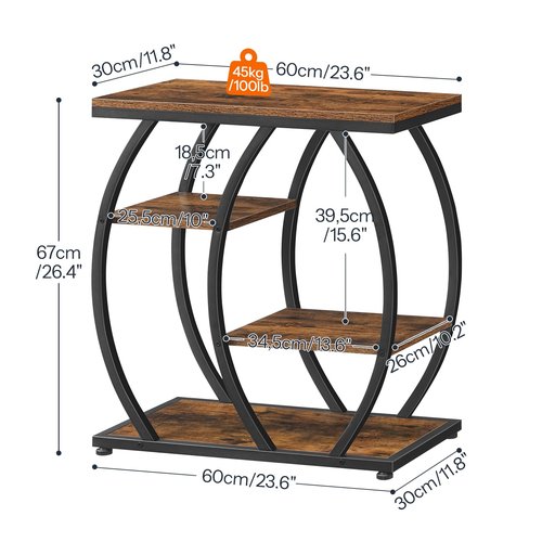 HOOBRO Industrial End Table, 4 Tier End Table with Storage Shelves, Small Side Table with Geometric Metal Frame, Night Stand for Living Room, Bedroom, Office, Rustic Brown and Black BF164BZ01