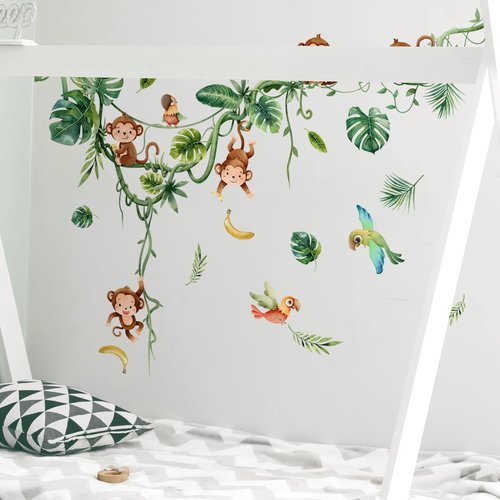 Supzone Monkey Climbing Tree Wall Decals Jungle Animals Birds Stickers Vine Green Leaves Art Decor for Baby Nursery Kids Room Living Room