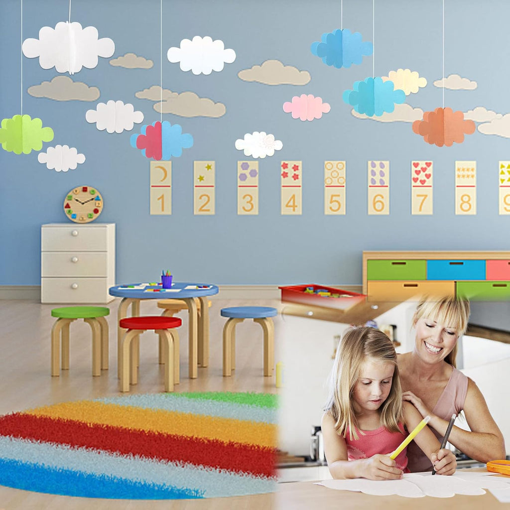 Skiennix 16 Pcs 3D Cloud Decorations - Hanging Artificial Cloud Ornaments for Nursery & Baby Showers