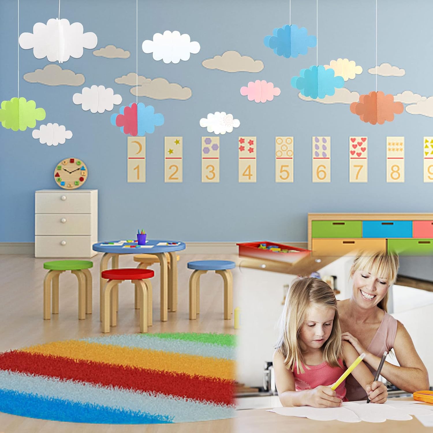 Skiennix 16 Pcs 3D Cloud Decorations - Hanging Artificial Cloud Ornaments for Nursery & Baby Showers