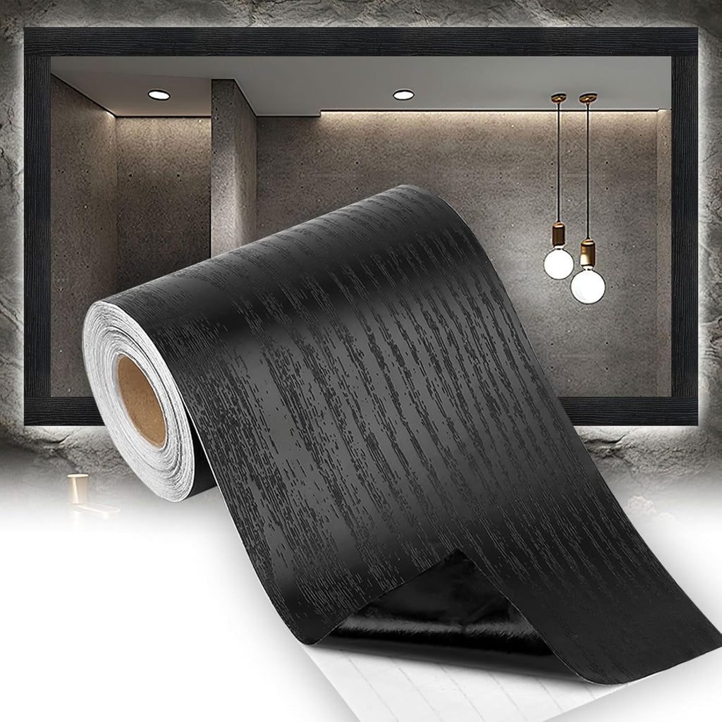 Peel & Stick Black Wood Grain Wallpaper Border by [Brand Name] | 32.8 FT x 3.93 Inch Bathroom Mirror Frame
