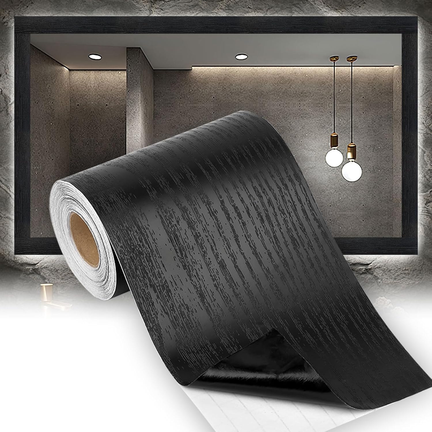 Peel & Stick Black Wood Grain Wallpaper Border by [Brand Name] | 32.8 FT x 3.93 Inch Bathroom Mirror Frame