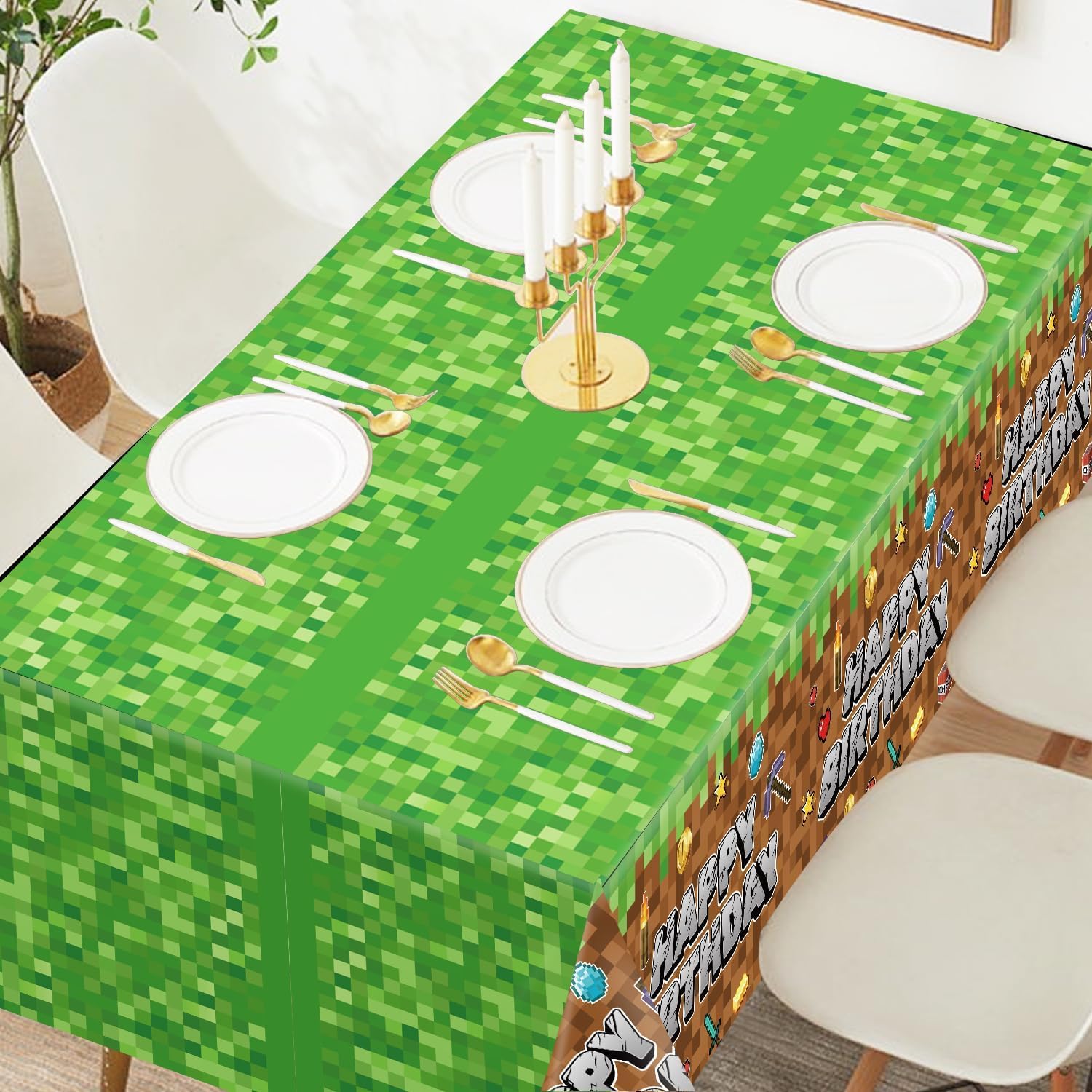 HALUNHL Pixel Birthday Party Decorations Tablecloth, Large 108" X 54" Popular Game Theme Birthday Table Cover for Big Fans, Pixel Party Supplies Table Cloth for Home