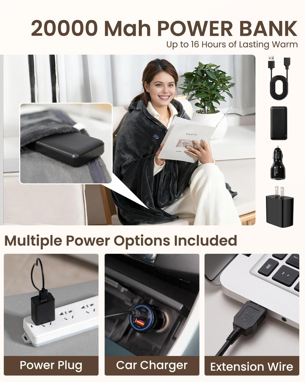 Cordless Heated Blanket with Hood, USB Battery Powered Heated Wearable Blanket with 9 Heating Zones, 20000 mAh Power Bank, 3 Levels, Portable Heated Throw Blanket, Heated Shawl (Warm Comfort Gray)