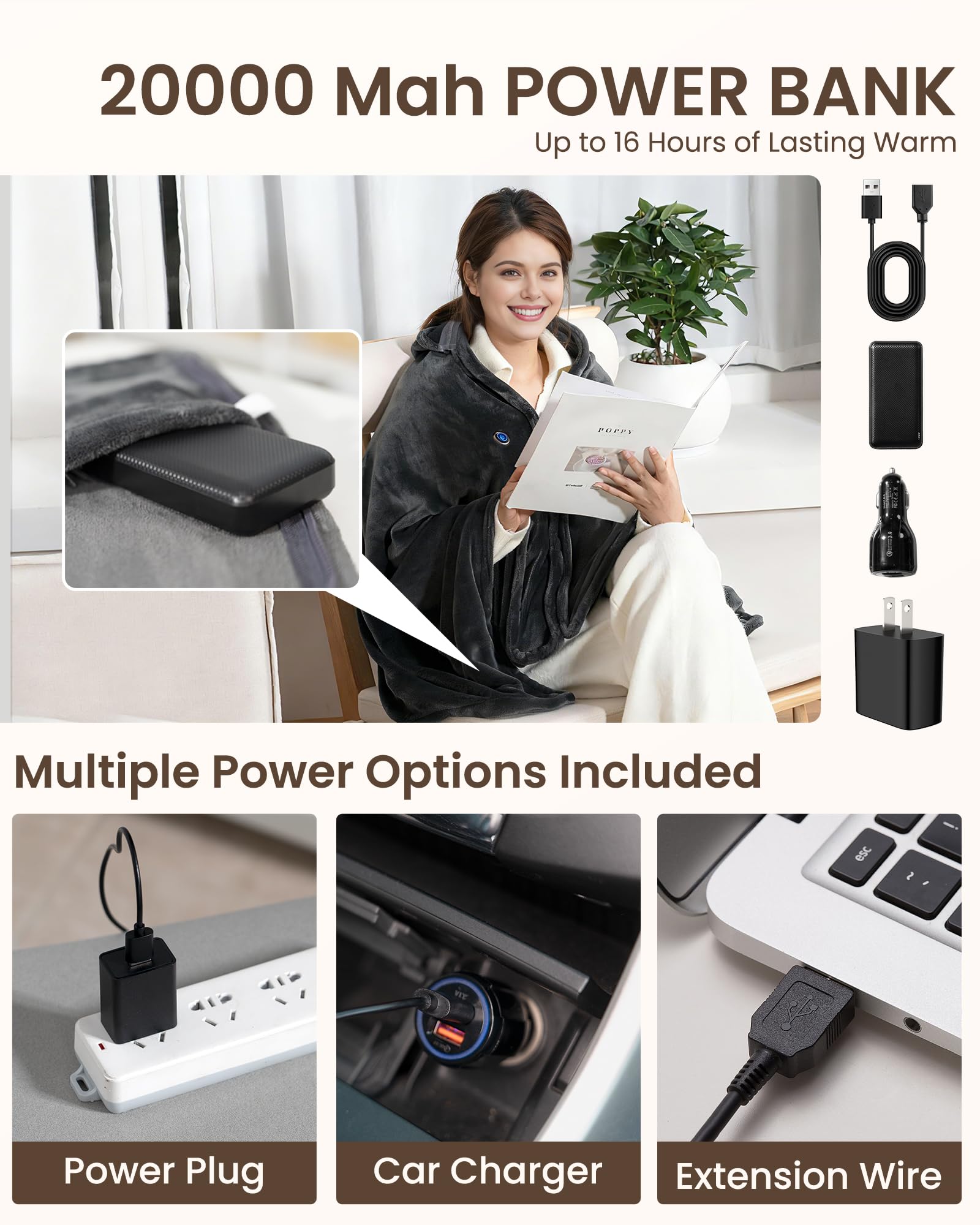 Cordless Heated Blanket with Hood, USB Battery Powered Heated Wearable Blanket with 9 Heating Zones, 20000 mAh Power Bank, 3 Levels, Portable Heated Throw Blanket, Heated Shawl (Warm Comfort Gray)