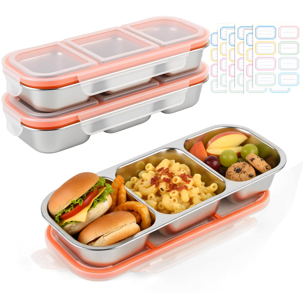 2 Pack Stainless Steel Snack Containers, 3 Compartment Snack boxes, Reusable Snack Containers with Lids for Adults - Leakproof Divided Metal Food Storage Bento Lunch Box for Work, Office, Travel