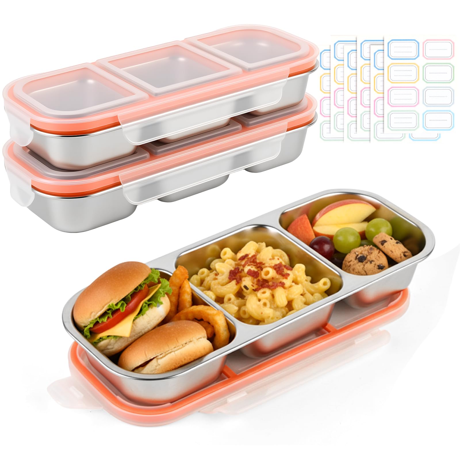 2 Pack Stainless Steel Snack Containers, 3 Compartment Snack boxes, Reusable Snack Containers with Lids for Adults - Leakproof Divided Metal Food Storage Bento Lunch Box for Work, Office, Travel
