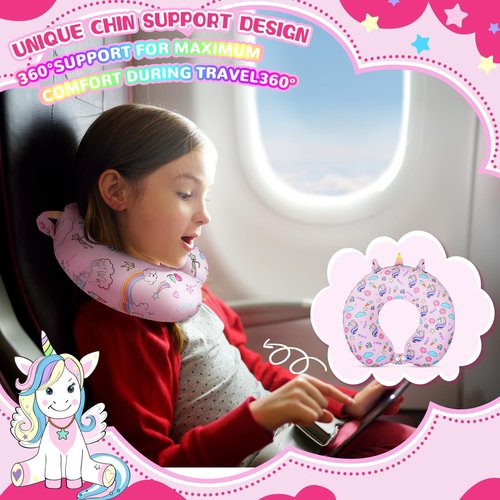 Thyle 2 Set Unicorn Neck Travel Pillow for Kids and Eye Mask Lightweight Travelling Sleeping Pillow Set for Airplane, Car, Train, Bus and Home Use Support Blindfolds