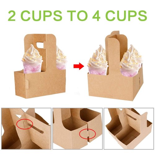 Kaderron 100 Pack Kraft Drink Carrier with Handles - 2 Cups or 4 Cups Assemblable Disposable Paperboard Drink Holders Great for All Your Drink and Food Delivery(2 Cup-100 Pack)