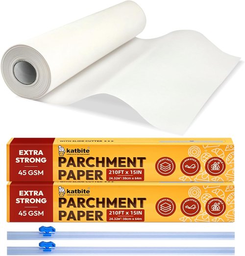 Katbite Parchment Paper Roll - Heavy Duty Non-Stick Baking Paper | 2 Pack, 15 in x 210 ft with Slide Cutter