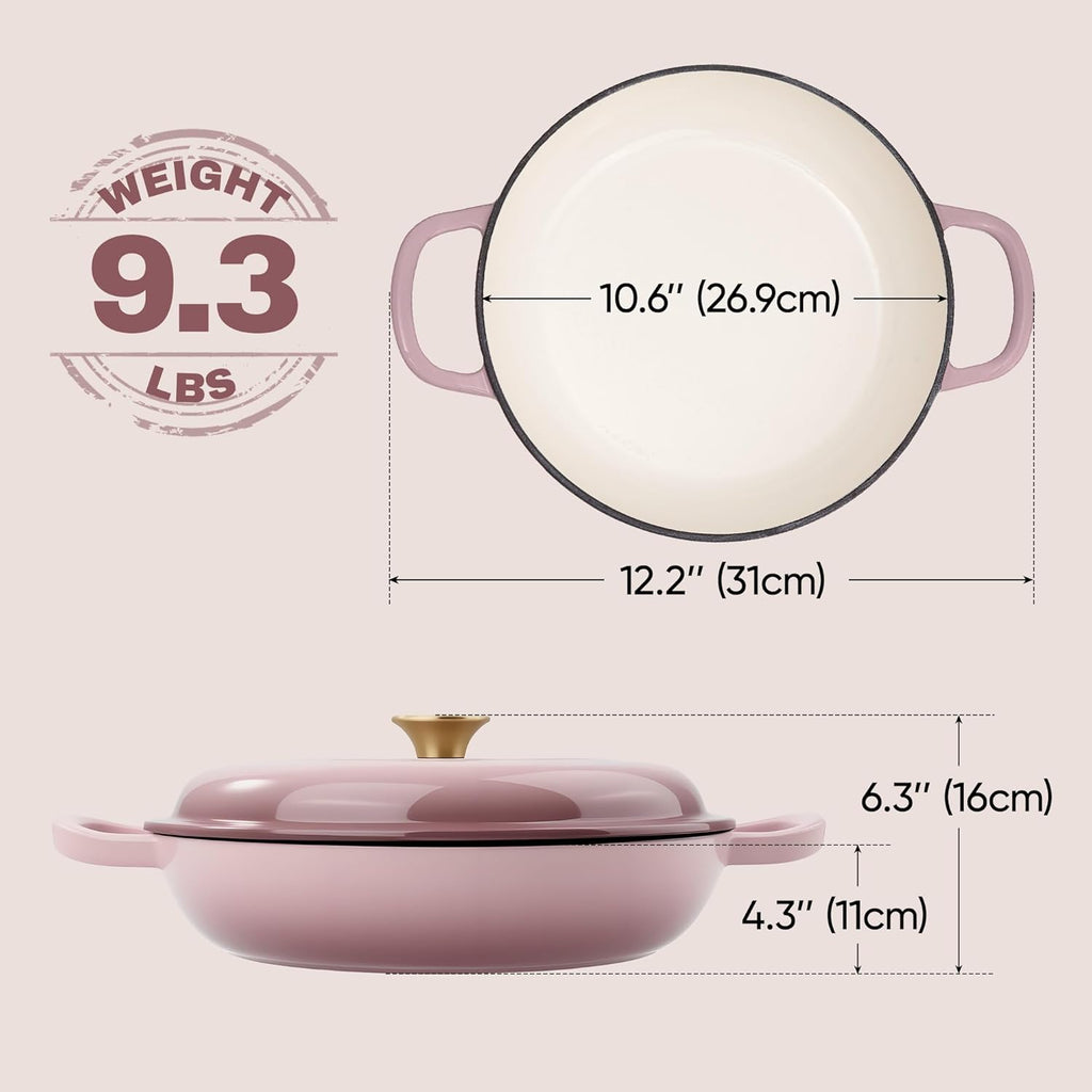 Skiennix Vintage Style Enameled Cast Iron Braiser - Non-Stick Dutch Oven Skillet with Lid, 3 Quart (Pink)