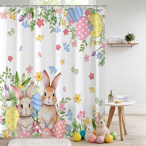 Baccessor Easter Bunnies Eggs Shower Curtain,Cute Rabbits Spring Flowers Shower Curtain Bathroom Bath Home Decor Waterproof Polyester Fabric with Hooks 72 W x72 H Inch