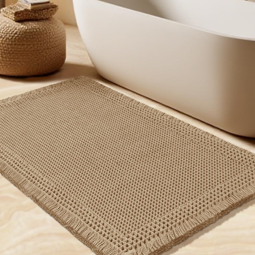 Upgrade Waffle Bath Mat, Boho Bathroom Rugs Absorbent Non Slip, Ultra Soft Bathroom Mat, Machine Washable Knit Bath Rugs with Border for Bathroom, Bedroom, Kitchen, Shower, Tub, 36"x24", Beige