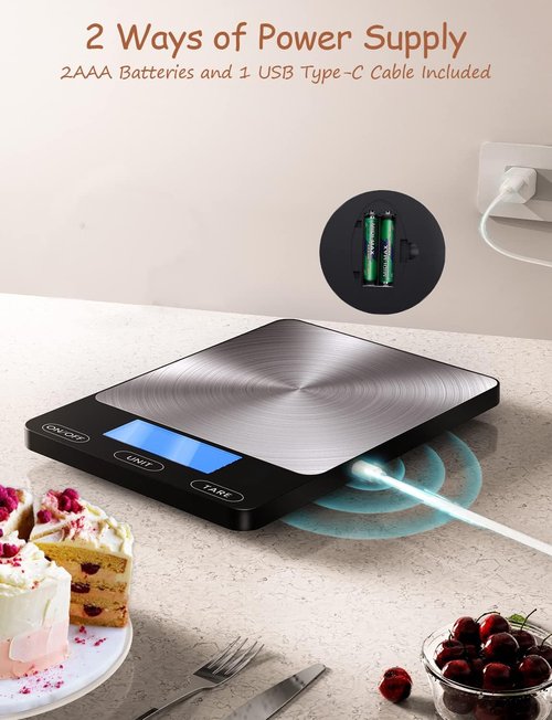 Food Scale - Skiennix 33lb Digital Kitchen Scale | Rechargeable 304 Stainless Steel for Meal Prep & Baking - Black