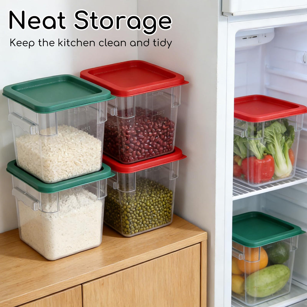 6-Pack 8 Quart Food Storage Container with Lid, Commercial Grade Square Polycarbonate 8 Qt Container with Lid, Handles & Measurement Scales, Airtight Stackable for Kitchen, Restaurant & Home Use