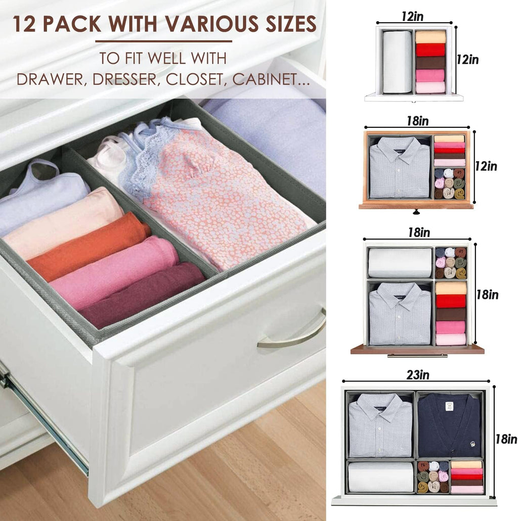 Skiennix Drawer Organizers - 12 Pack Foldable Storage Bins for Clothing | Grey Fabric Dividers for Closet & Dresser